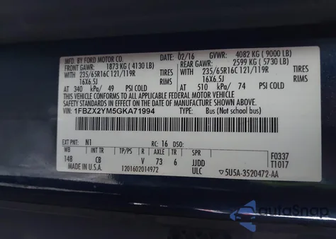 2016 Ford Transit-350 Xlt из США, поврежденный, VIN 1FBZX2YM5GKA71994